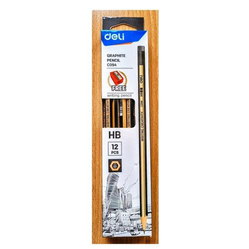 DELI C094 HB PENCILS WITH RUBBER-TIP & FREE SHARPENER - SOLD IN PKT OF 12PCS